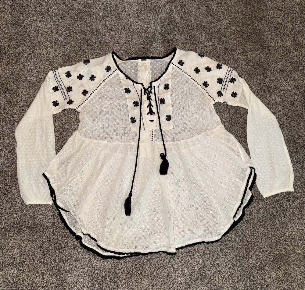 Free People Ivory and Black Embroidered Mesh Peasant Tunic Blouse